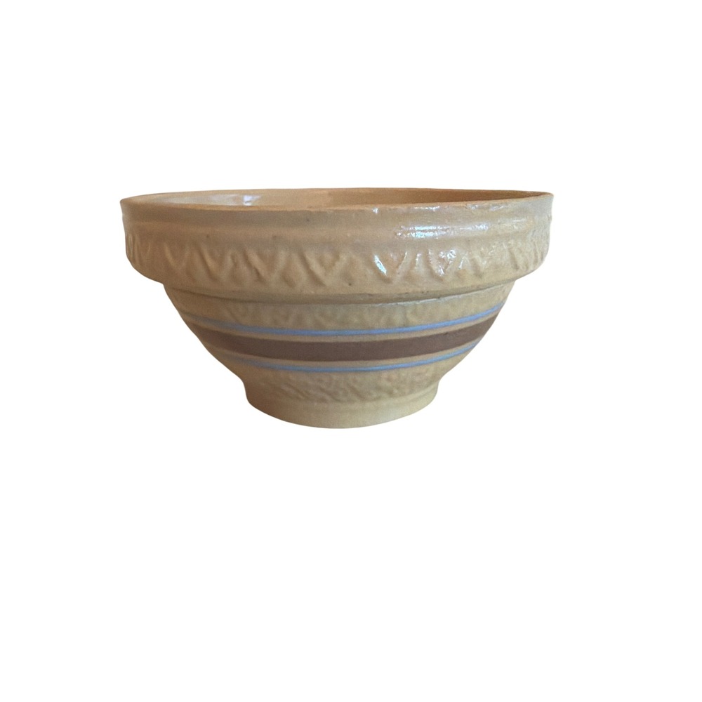 Robinson Ransbottom Mini 5" Bowl Yellow Blue Brown Stripe Vintage Yellowware 7in